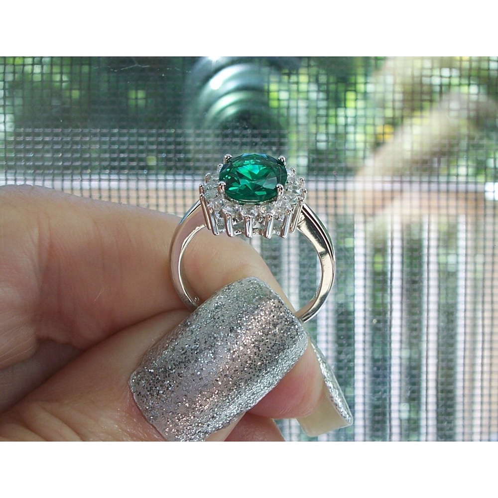 925 STERLING SILVER Simulated Emerald Cubic Zirconia Halo Ring - Picture 9 of 16
